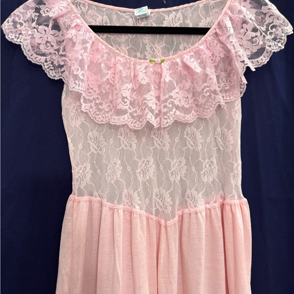 Vtg Pink Lace Fantasy Nightwear By Janis Lee Floral Empire Waist Ruffled 80’s
